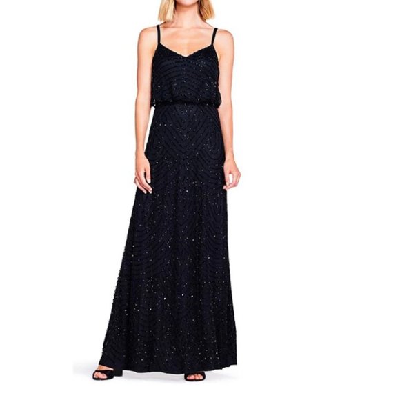 adrianna papell art deco beaded blouson dress | Dresses | Adrianna Papell Gown Black Chiffon A Line abito da sera in seta con spacco length sequin gown features Color:Clover